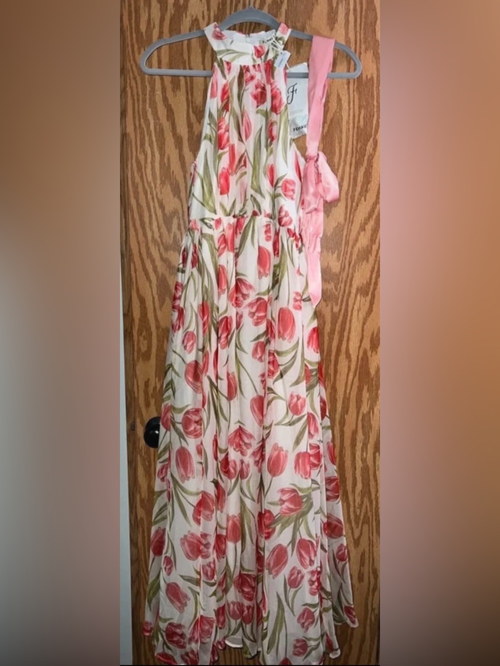 Fehaute Pink Floral Chiffon Halter Sleeveless A-Line Maxi Dress - Sz 2